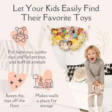 Stuffed Animal Storage Macrame Hammock w/String Lights for Flat Walls - Large, 2 Pack - Boho Decor Toy Storage - Hanging Plushie Stuffed Animal Net Organizer (White)