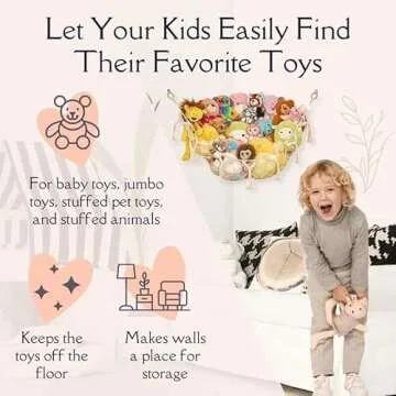 Stuffed Animal Storage Macrame Hammock w/String Lights for Flat Walls - Large, 2 Pack - Boho Decor Toy Storage - Hanging Plushie Stuffed Animal Net Organizer (White)