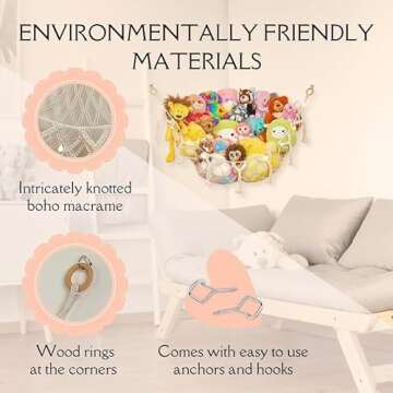 Stuffed Animal Storage Macrame Hammock w/String Lights for Flat Walls - Large, 2 Pack - Boho Decor Toy Storage - Hanging Plushie Stuffed Animal Net Organizer (White)