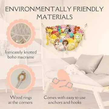 Stuffed Animal Storage Macrame Hammock w/String Lights for Flat Walls - Large, 2 Pack - Boho Decor Toy Storage - Hanging Plushie Stuffed Animal Net Organizer (White)