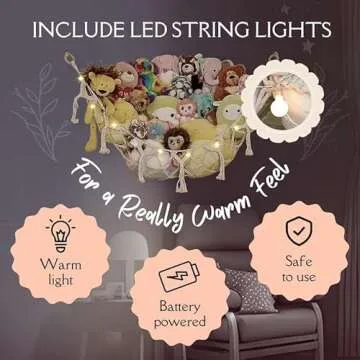 Stuffed Animal Storage Macrame Hammock w/String Lights for Flat Walls - Large, 2 Pack - Boho Decor Toy Storage - Hanging Plushie Stuffed Animal Net Organizer (White)