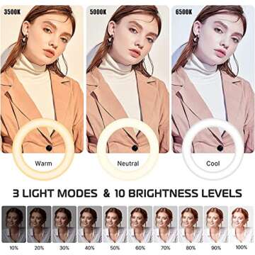 [Upgraded Base] Ring Light Desk with Horizontal Boom Arm, 10" Ring Light with Phone Tripod Stand, 3500k-6500K Dimmable, Ring Light with Phone Holder for Video Recording, Live Stream, Portrait, Makeup