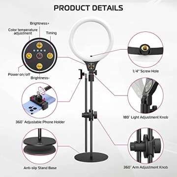 [Upgraded Base] Ring Light Desk with Horizontal Boom Arm, 10" Ring Light with Phone Tripod Stand, 3500k-6500K Dimmable, Ring Light with Phone Holder for Video Recording, Live Stream, Portrait, Makeup