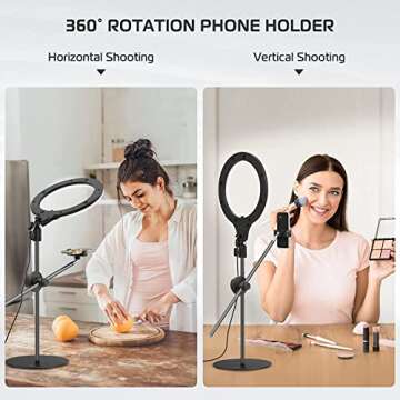 [Upgraded Base] Ring Light Desk with Horizontal Boom Arm, 10" Ring Light with Phone Tripod Stand, 3500k-6500K Dimmable, Ring Light with Phone Holder for Video Recording, Live Stream, Portrait, Makeup