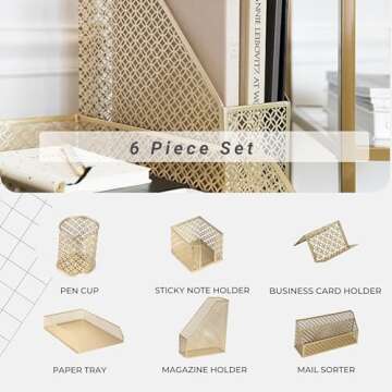 Gold Desk Accessories for Women Office 6 Piece Gold Desk Set Gold Office Organizer - Office Supplies...