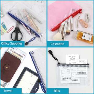 JPSOR 16pcs 8 Size Mesh Zipper Pouch for Organization, Waterproof Colored PVC Travel Zipper Clear Multipurpose Document Bags for School Office Home Cosmetics Storage Toys Puzzle