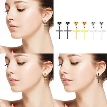 3 Pairs Stainless Steel Piercing Ball Stud Cross Dangle Earrings,Silver,Gold,Black