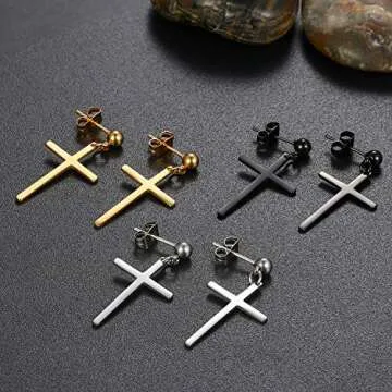 3 Pairs Stainless Steel Piercing Ball Stud Cross Dangle Earrings,Silver,Gold,Black