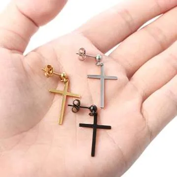 3 Pairs Stainless Steel Piercing Ball Stud Cross Dangle Earrings,Silver,Gold,Black