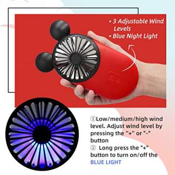 DecoLife Cute Mouse Mini Fan, Handheld & Portable USB Rechargeable Fan with Beautiful LED Light, 3 Adjustable Speeds, 2 Pack (Red+Pink)