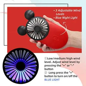 DecoLife Cute Mouse Mini Fan, Handheld & Portable USB Rechargeable Fan with Beautiful LED Light, 3 Adjustable Speeds, 2 Pack (Red+Pink)