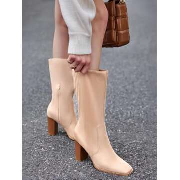 Juliet Holy Women’s Mid-calf Boots Chunky Stacked Heel Square Toe Side Zipper Slip-on Suede Winter Booties