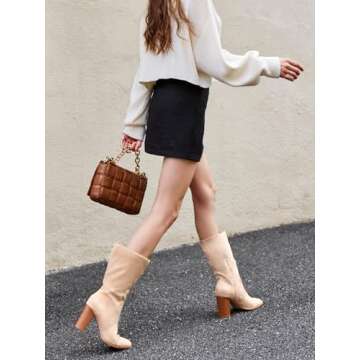 Juliet Holy Women’s Mid-calf Boots Chunky Stacked Heel Square Toe Side Zipper Slip-on Suede Winter Booties