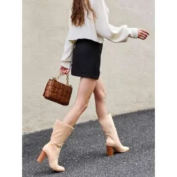 Juliet Holy Women’s Mid-calf Boots Chunky Stacked Heel Square Toe Side Zipper Slip-on Suede Winter Booties