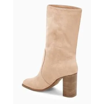 Juliet Holy Women’s Mid-calf Boots Chunky Stacked Heel Square Toe Side Zipper Slip-on Suede Winter Booties