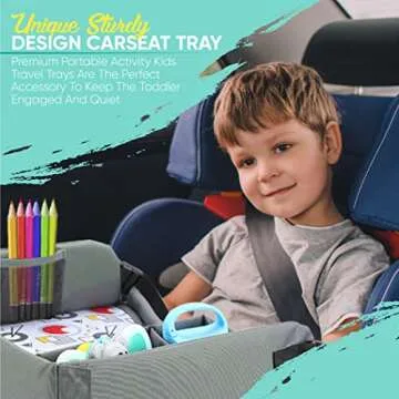 Kids Travel Tray - Car Seat Tray or Table as Road Trip Essentials – Children Kids Lap Desk as Travel Accessories for Toddler Airplane Travel Activity, Snack with Storage Pockets & Dry Erase Board