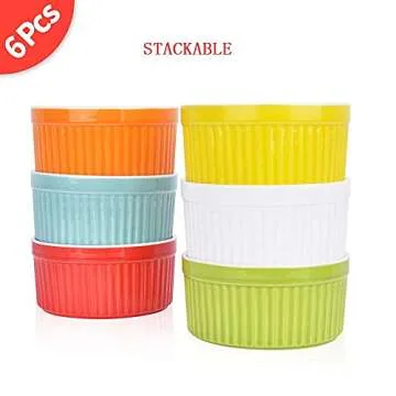 8 oz Porcelain Ramekins, SZUAH Baking Ramekins for Souffle, Creme Brulee and Ice Cream(Set of 6, Assorted Colors)