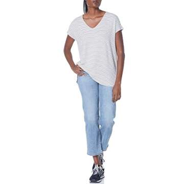 Amazon Essentials Women's Supersoft Terry Relaxed-Fit Dolman-Sleeve V-Neck Tunic (Previously Daily Ritual), White/Black, Stripe, Small