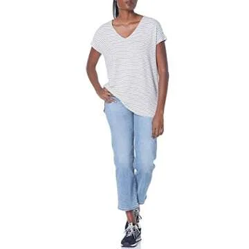 Amazon Essentials Women's Supersoft Terry Relaxed-Fit Dolman-Sleeve V-Neck Tunic (Previously Daily Ritual), White/Black, Stripe, Small