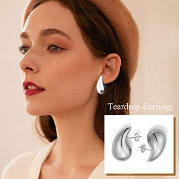Chunky Gold Hoop Earrings for Women, Lightweight Teardrop Hoops Earrings with 18K Real Gold Plated, Hypoallergenic Earrings Waterdrop Hollow Open Jewelry for Women (Teardrop- Silver)