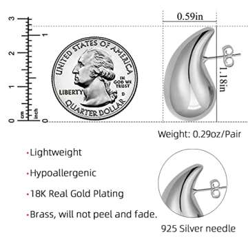 Chunky Gold Hoop Earrings for Women, Lightweight Teardrop Hoops Earrings with 18K Real Gold Plated, Hypoallergenic Earrings Waterdrop Hollow Open Jewelry for Women (Teardrop- Silver)