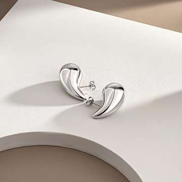 Chunky Gold Hoop Earrings for Women, Lightweight Teardrop Hoops Earrings with 18K Real Gold Plated, Hypoallergenic Earrings Waterdrop Hollow Open Jewelry for Women (Teardrop- Silver)