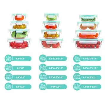 BAYZZ Glass Food Storage Containers Set, Airtight 24 Pieces Glass Meal Prep Containers with Lids, Mi...