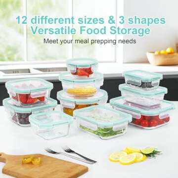 BAYZZ Glass Food Storage Containers Set, Airtight 24 Pieces Glass Meal Prep Containers with Lids, Microwave, Oven, Freezer and Dishwasher Friendly, Green