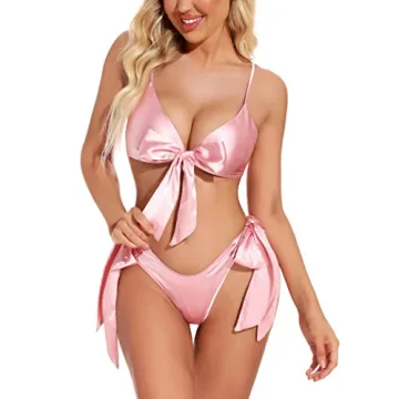 RSLOVE Women Sexy Lingerie Set Satin Bow Tie 2 Piece Bra and Panty Sets Pink M
