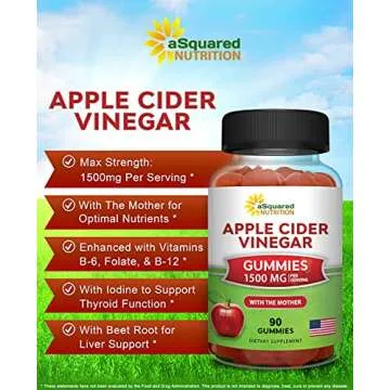aSquared Nutrition Apple Cider Vinegar Gummies - 1500mg with The Mother - 90 ACV Gummies w/Vitamin B...