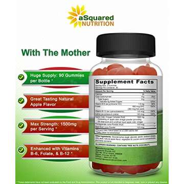 aSquared Nutrition Apple Cider Vinegar Gummies - 1500mg with The Mother - 90 ACV Gummies w/Vitamin B6 & B12, Folic Acid - Vegan Gummy Supplement Alternative to Capsules Pills & Drink