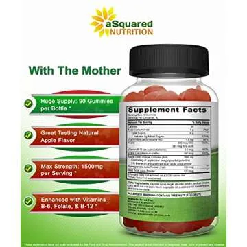 aSquared Nutrition Apple Cider Vinegar Gummies - 1500mg with The Mother - 90 ACV Gummies w/Vitamin B6 & B12, Folic Acid - Vegan Gummy Supplement Alternative to Capsules Pills & Drink