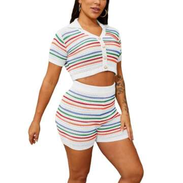 Womens 2 Piece Crochet Outfits - Color Block Button Down Summer Set - Casual & Stylish