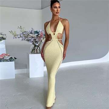 Women Sexy Crochet Maxi Dress Cut Out Halter V Neck Backless Knit Bodycon Long Dress Summer Beach Ev...