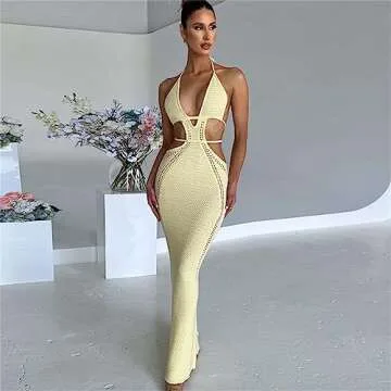 Women Sexy Crochet Maxi Dress Cut Out Halter V Neck Backless Knit Bodycon Long Dress Summer Beach Ev...