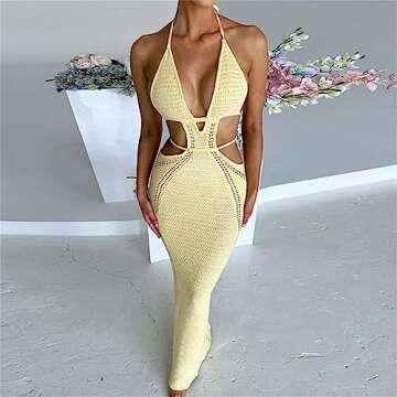 Women Sexy Crochet Maxi Dress Cut Out Halter V Neck Backless Knit Bodycon Long Dress Summer Beach Evening Party Dresses