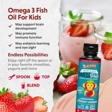 Barlean's Omega Pals Omega 3 for Kids, Yummy Straw-Nana Flavored Children's Liquid Flax Seed Oil Supplement with 1,483 mg ALA, Non-GMO, Vegan Brain and Eye Health, 8 oz