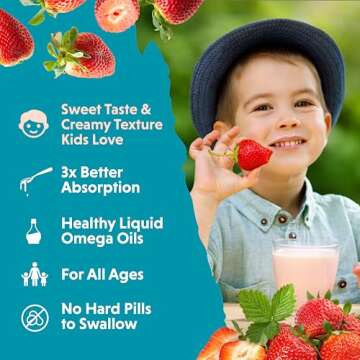 Barlean's Omega Pals Omega 3 for Kids, Yummy Straw-Nana Flavored Children's Liquid Flax Seed Oil Supplement with 1,483 mg ALA, Non-GMO, Vegan Brain and Eye Health, 8 oz