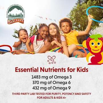 Barlean's Omega Pals Omega 3 for Kids, Yummy Straw-Nana Flavored Children's Liquid Flax Seed Oil Supplement with 1,483 mg ALA, Non-GMO, Vegan Brain and Eye Health, 8 oz