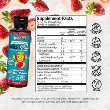 Barlean's Omega Pals Omega 3 for Kids, Yummy Straw-Nana Flavored Children's Liquid Flax Seed Oil Supplement with 1,483 mg ALA, Non-GMO, Vegan Brain and Eye Health, 8 oz