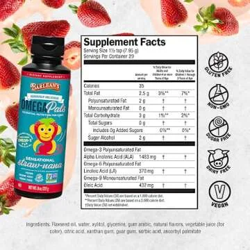 Barlean's Omega Pals Omega 3 for Kids, Yummy Straw-Nana Flavored Children's Liquid Flax Seed Oil Supplement with 1,483 mg ALA, Non-GMO, Vegan Brain and Eye Health, 8 oz