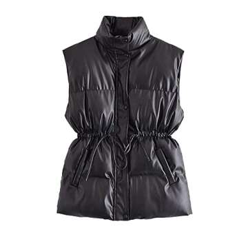 MJORI Women's Faux Leather Puffer Vest PU Quilted Sleeveless Cotton Padded Jacket(Black,S)