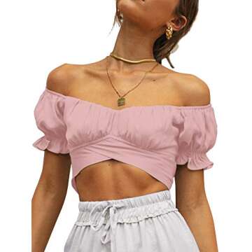 LYANER Women's Ruffle Short Sleeve Tie Up Back Crop Top Off Shoulder Bardot Blouse Baby Pink Large