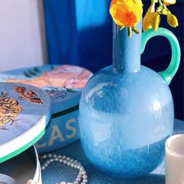 2.2lb Heavy Blue Vase,Glass Vase for Home Decor,Glass Flower for Decorations, 8.5" H Unique Vases Ce...