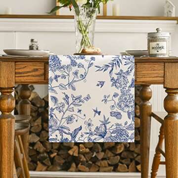 Artoid Mode Monochrome Sketch Birds and Flowers Summer Table Runner, Seasonal Spring Fall Kitchen Di...