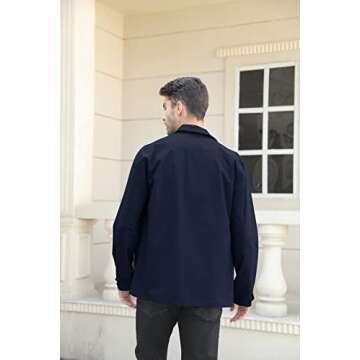 Runcati Mens Lightweight Safari Jacket Button Up Cotton Outdoor Military Cargo Long Sleeve Outwear Navy