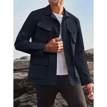 Runcati Mens Lightweight Safari Jacket Button Up Cotton Outdoor Military Cargo Long Sleeve Outwear Navy