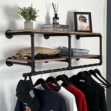 TEDIDUWA Industrial Pipe Clothing Rack with Top Shelf, Space-Saving Wall Mounted Clothes Rack 2 Tiers, Shelf with Hanging Rod for Closet Storage, Laundry Room. (2Tier, Brown)
