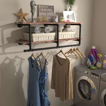 TEDIDUWA Industrial Pipe Clothing Rack with Top Shelf, Space-Saving Wall Mounted Clothes Rack 2 Tiers, Shelf with Hanging Rod for Closet Storage, Laundry Room. (2Tier, Brown)