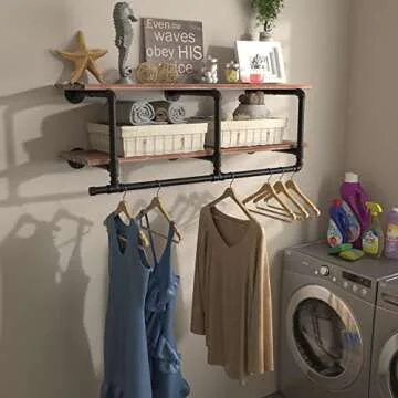 TEDIDUWA Industrial Pipe Clothing Rack with Top Shelf, Space-Saving Wall Mounted Clothes Rack 2 Tiers, Shelf with Hanging Rod for Closet Storage, Laundry Room. (2Tier, Brown)